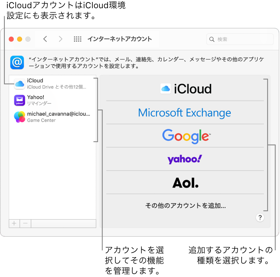 アカウントのリストが右側に表示され、使用可能なアカウントの種類が左側に表示されている「インターネットアカウント」環境設定。