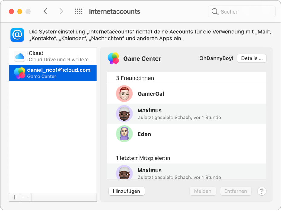 Ein Game Center-Account, der im Bereich „Internetaccounts“ ausgewählt ist; auf der rechten Seite werden befreundete Spieler angezeigt.