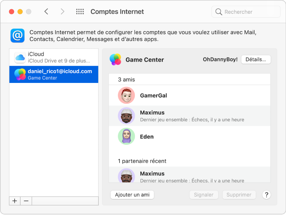 Un compte Game Center sélectionné dans « Comptes Internet », avec votre liste d’amis à droite.