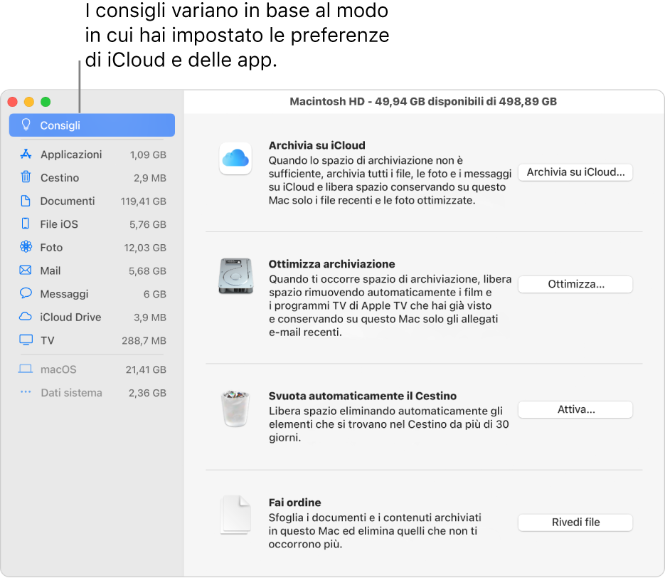 I suggerimenti per ottimizzare l’archiviazione nel pannello Archiviazione.