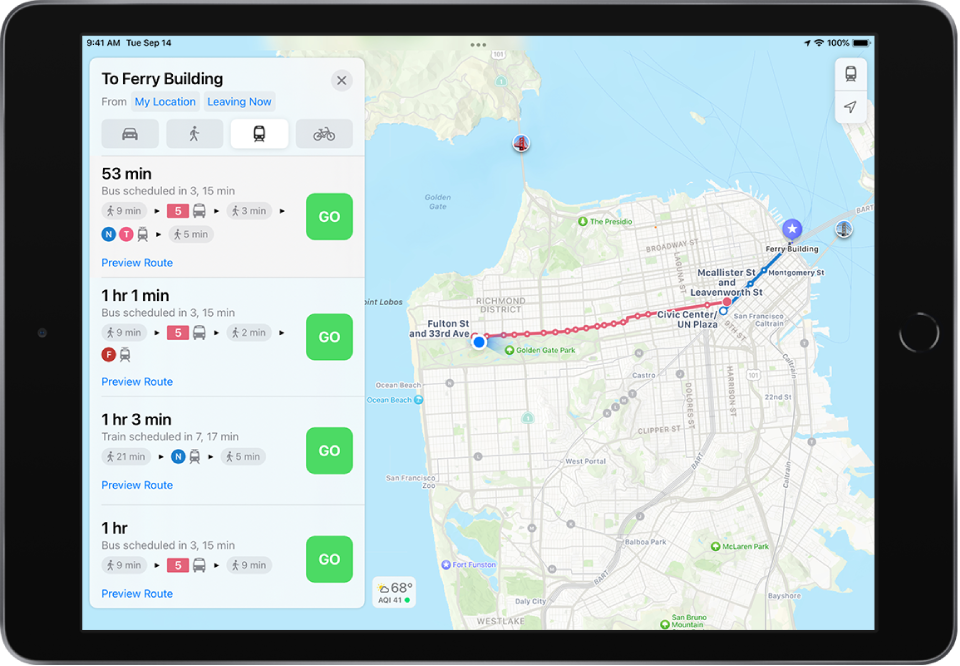 A map showing a transit route. A route card on the left shows Go buttons for several options for the route.