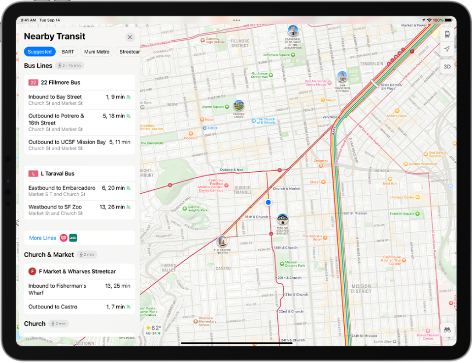 A map showing major transit lines. A Nearby Transit card on the left shows four suggested lines.