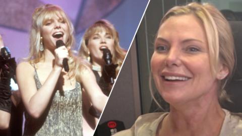 SPLIT IMAGE: Samantha Womack singing in Eurovision / Samantha Womack today