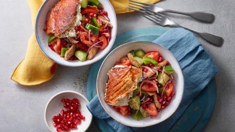 Greek salad with crispy feta