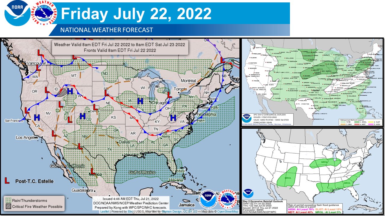 Dangerous heat to continue affecting portions of the southwestern, south-central, and eastern U.S as we approach the weekend.  Severe thunderstorms are possible across sections of the Plains and interior Northeast.  Monsoonal moisture to bring locally heavy rains and isolated flash flooding across portions of the Southwest into the southern Rockies.  Be sure to visit weather.gov for your local forecast. 