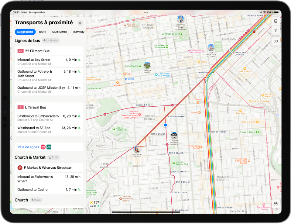 Un plan affichant des lignes de transport principales. Une fiche « Transports à proximité » sur la gauche affiche quatre suggestions de ligne.