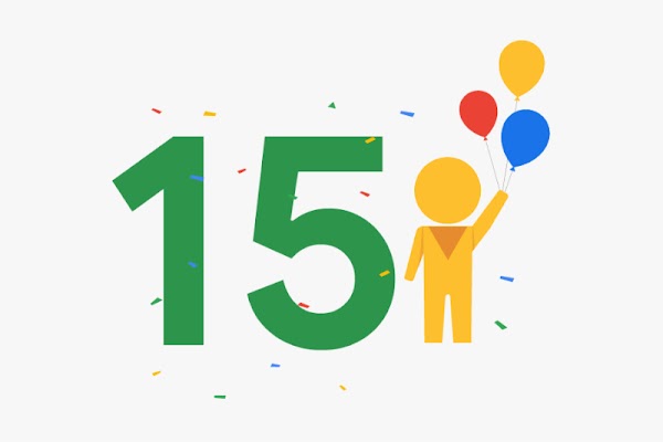 Illustration of confetti falling over a large numeral 15 next to a stylized yellow humanoid figure holding balloons