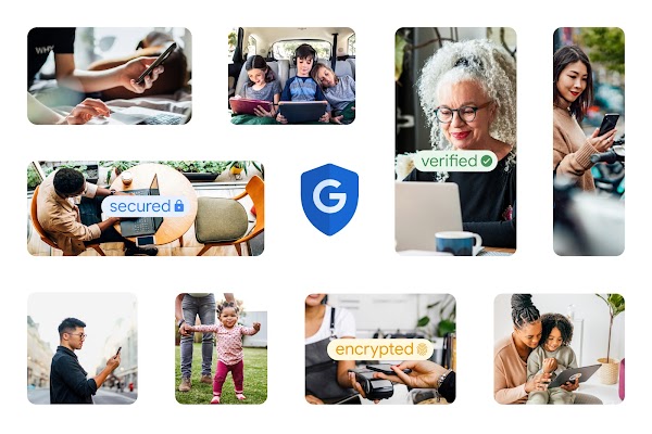 A collage of images shows various people using and enjoying smartphones, tablets, and laptops with the Google ‘G’ logo on a blue shield in the center.