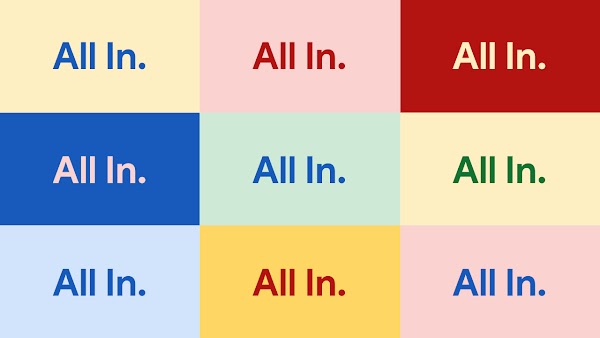 Illustration of the words "All-In" in a 9x9 grid. The text and grid squares are in a variety of colors.