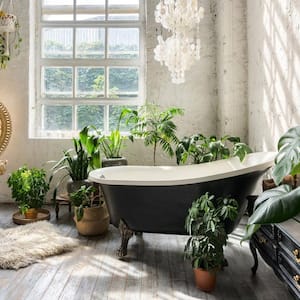A retro bathtub in a spacious bathroom with lots of houseplants
