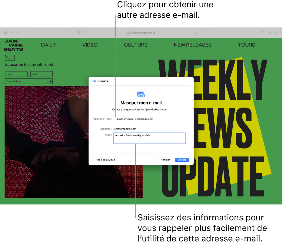 La fenêtre « Masquer mon adresse e-mail » avec une adresse e-mail alternative à utiliser pour un site web et une zone dans laquelle vous pouvez saisir une note à propos de l’adresse e-mail.