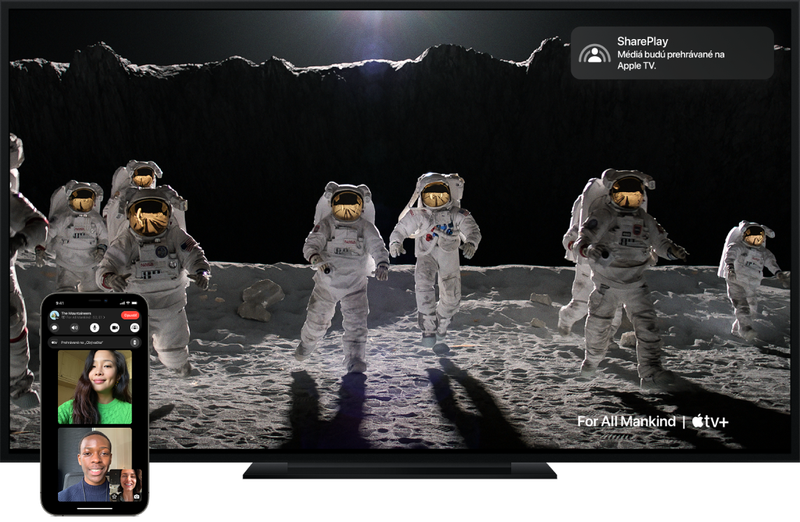 Ukážka funkcie SharePlay na iPhone a Apple TV.