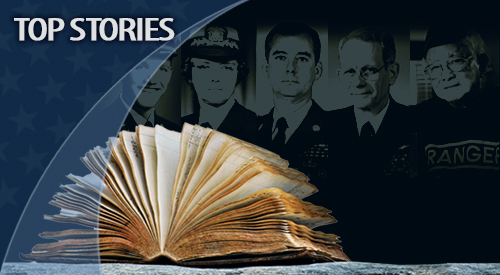 Various service members and an open book