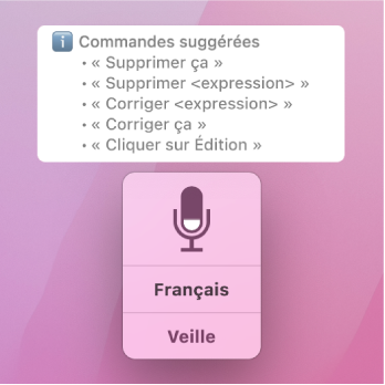 La fenêtre d’écho du contrôle vocal avec des commandes de texte suggérées, comme « Supprimer ça » ou « Cliquer sur Édition » affichées au-dessus.