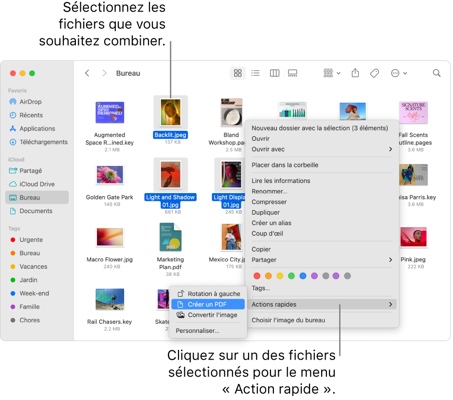 Une fenêtre du Finder contenant des fichiers et des dossiers ; trois fichiers sont sélectionnés et l’option « Créer un PDF » est surlignée dans le menu « Actions rapides ».