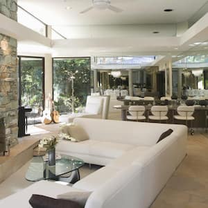 Sunken seating area and stone fireplace
