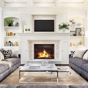 Fireplace burning in a modern living room