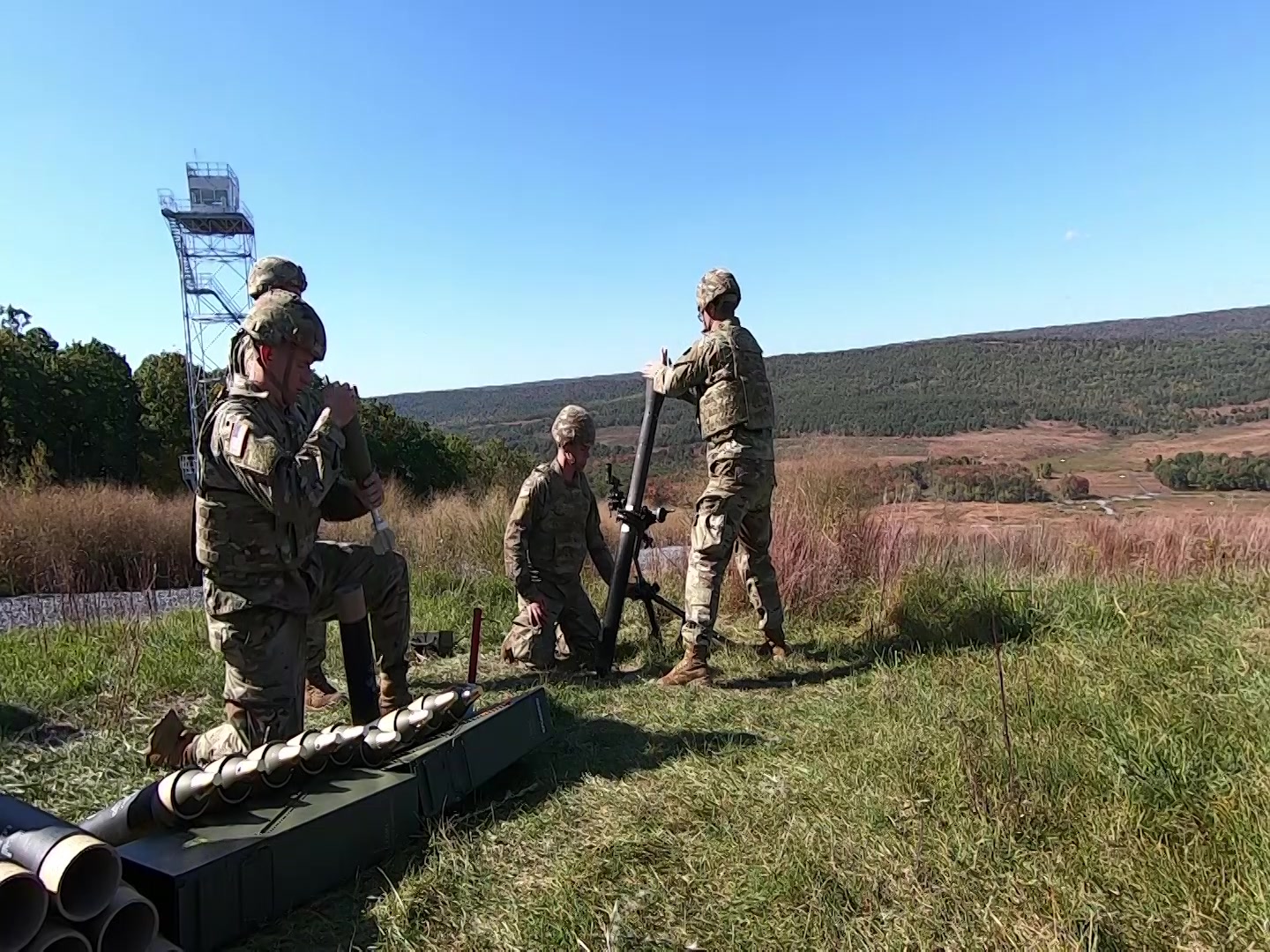 Soldiers of the 1/109th Infantry Regiment, 2nd Brigade Combat Team, 28th Infantry Division conduct a 10-round fire mission Oct. 9, 2020, at Fort Indiantown Gap, Pa. The speed of the fire mission is the testament to the leadership of the noncommissioned officers of the battalion, and the skill of the indirect fire Soldiers.