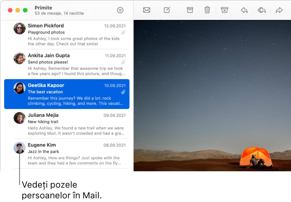 Fereastra Mail afișând lista de mesaje cu imaginile expeditorilor lângă numele lor.
