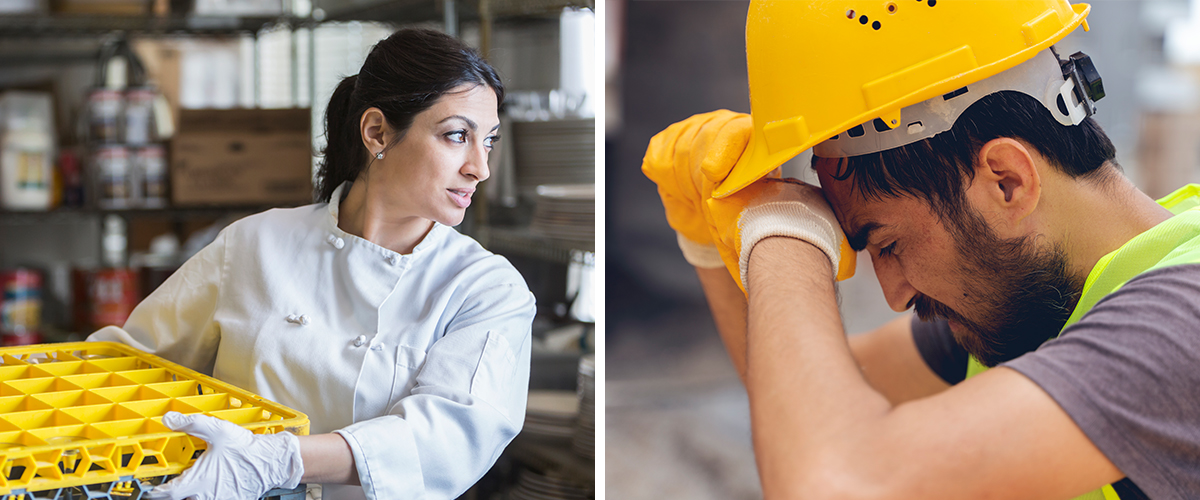 A restaurant worker with a dishwashing rack and a construction worker wiping his brow