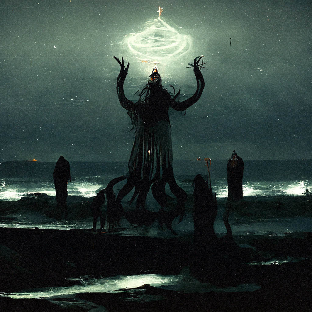 An eldritch god summoned by a cult on the coastline at night