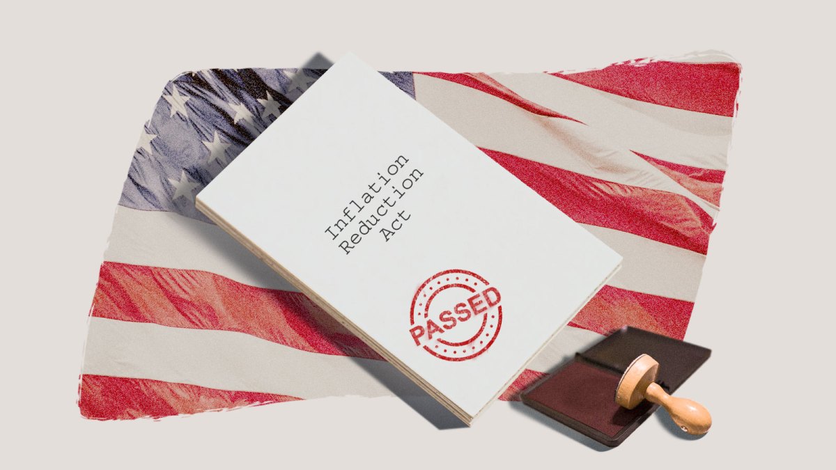 Collage: american flag with stack of paper labeled Inflation Reduction Act, with a stamp reading 