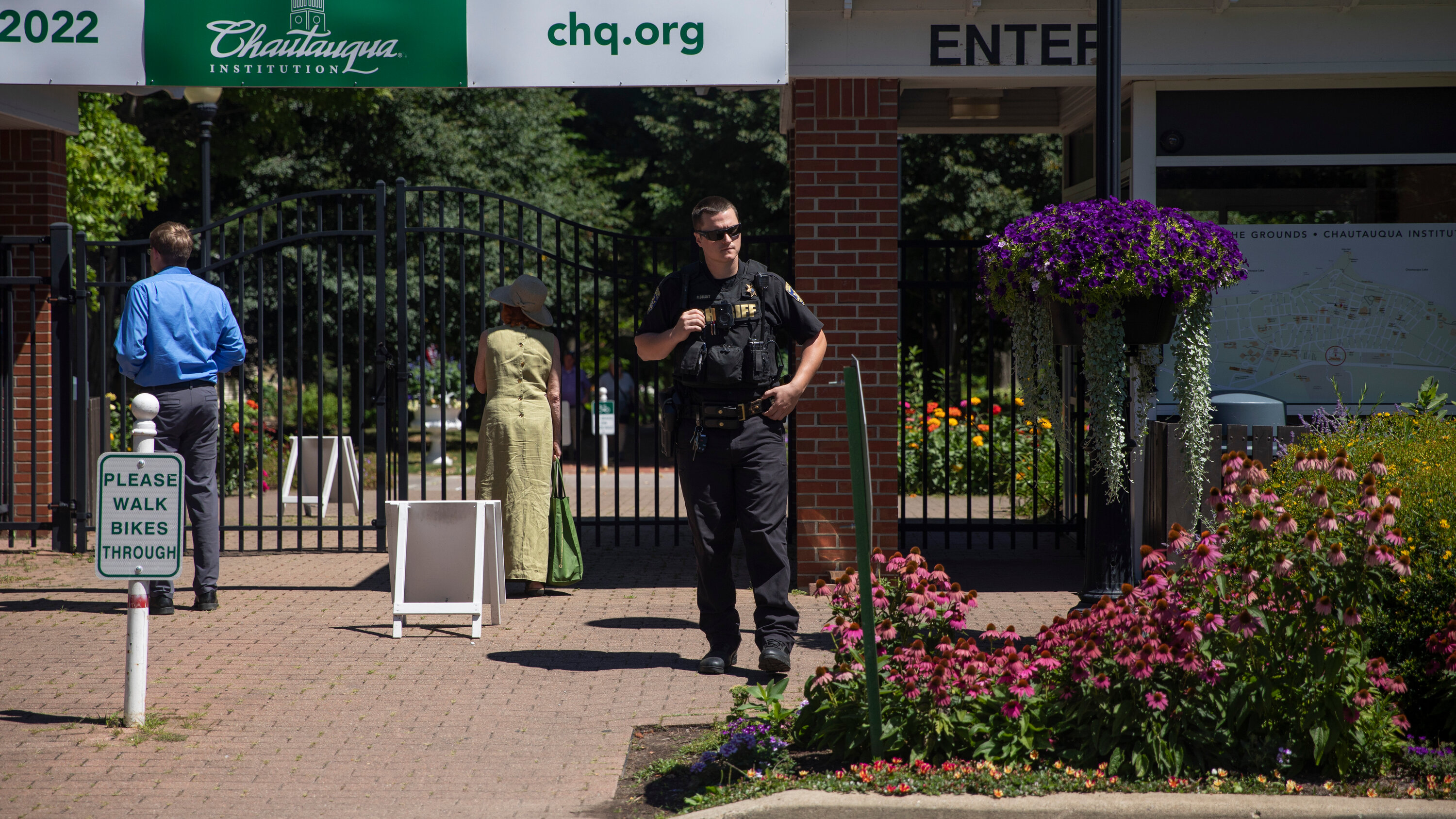 Outside the Chautauqua Institute in New York State, where the author Salman Rushdie was attacked on Friday.