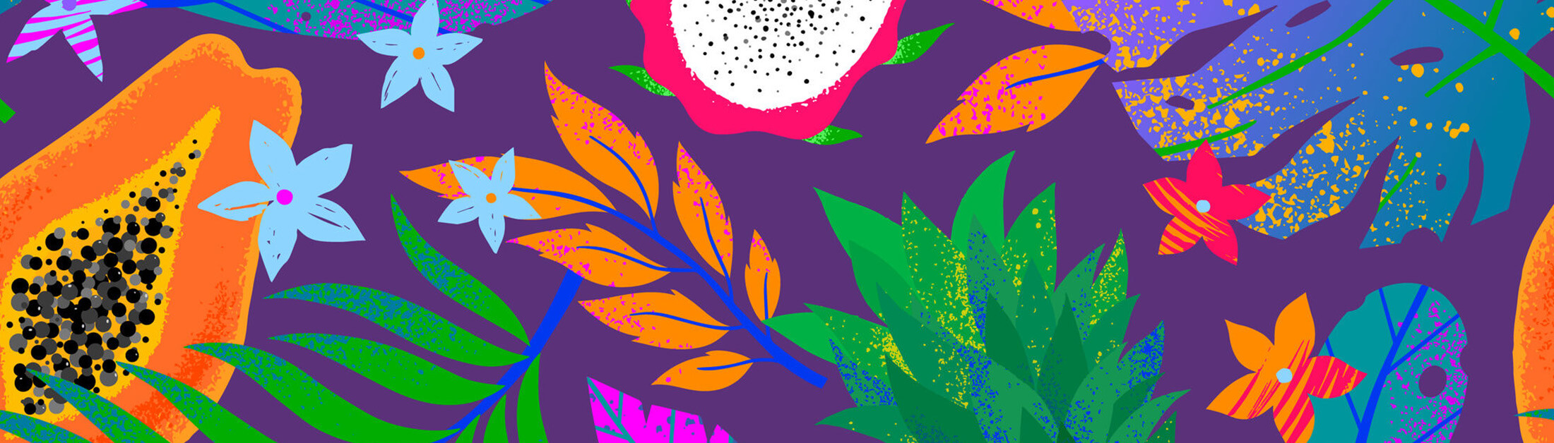 Summer vector seamless pattern with hand drawn tropical leaves,fruits and flowers. Multicolor plants. Exotic background perfect for prints, wrapping paper, t-shirts, textile, background fill, social media.