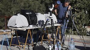 Telescopes set up to pint at the Sun to capture a total solar eclipse.