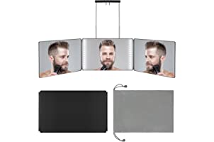 Rechargeable 3 Way Mirror, Real Glass Adjustable Trifold Mirror with Light & Telescoping Hooks for Self Hair Cutting & Stylin