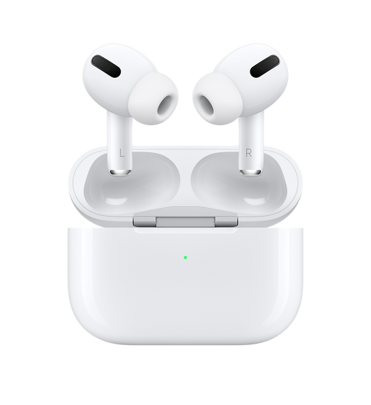 AirPods Pro vist forfra over et åpent, fulladet ladeetui. 