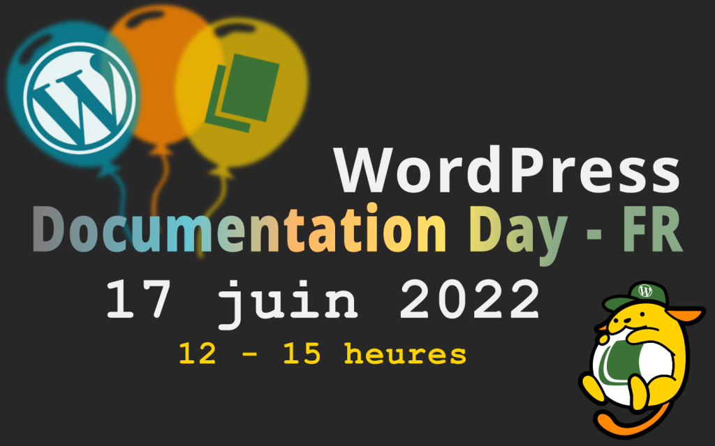 Logo du Documentation Day, il y est inscrit : WordPress Documentation Day - FR, 17 juin 2022, 12 - 15 heures. Thème sombre.