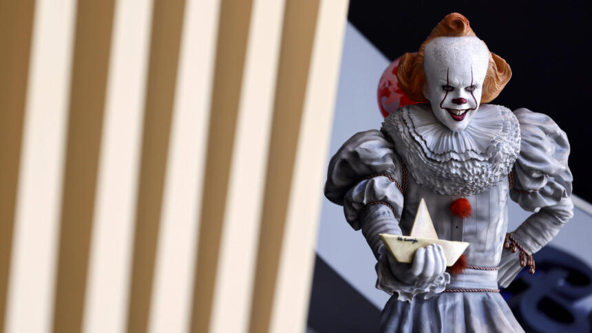 Clown Pennywise mit einem Faltschiffchen in der Hand