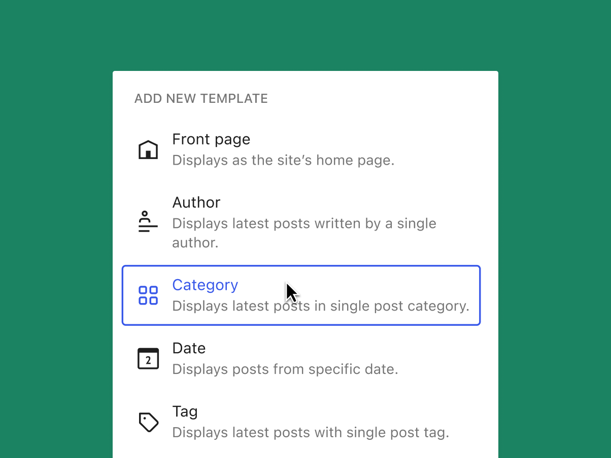 A look at the WordPress Editor UI, showing the new template options that include: author, category, date, tag, and taxonomy (not pictured). 