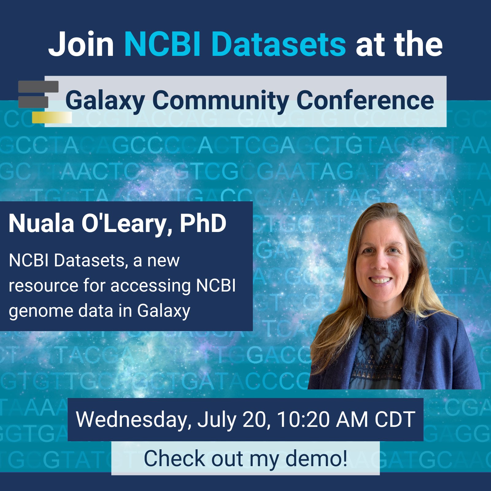 head shot of Dr. O'Leary and information about her demo of NCBI Datasets at GCC2022 