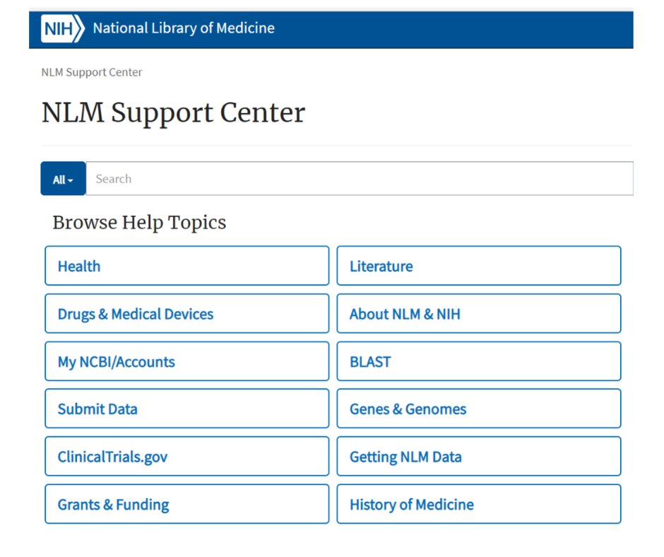 graphic of NLM support center page with various health topics including Health, Literature, BLAST and more., 