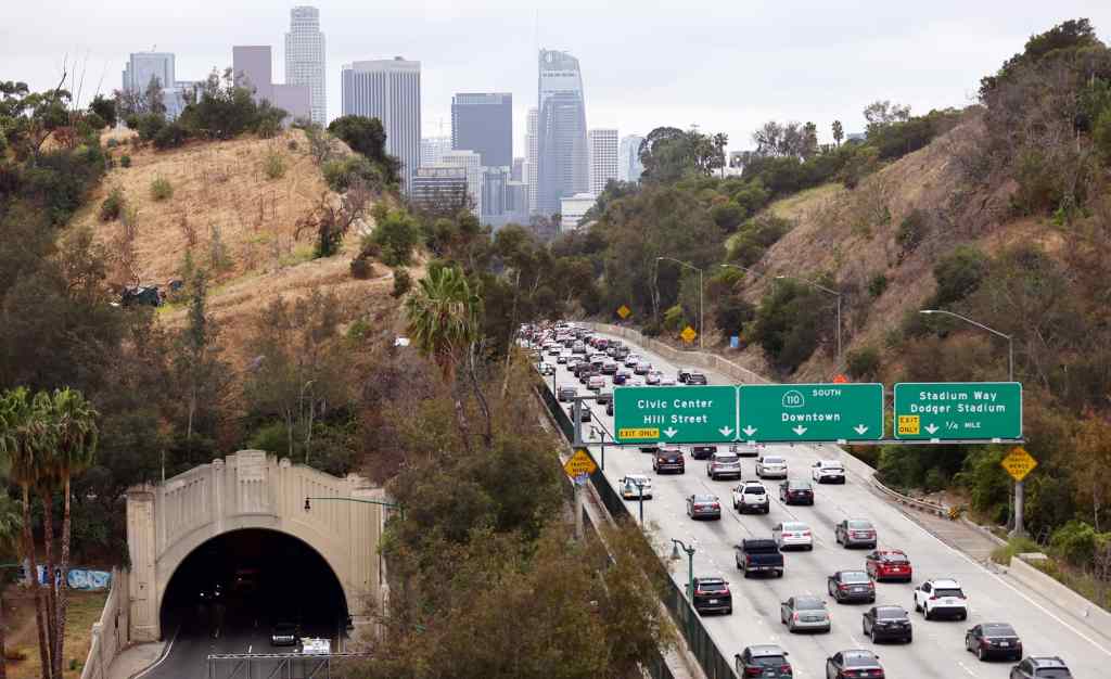 Cars make their way toward downtown L.A. during the morning commute in Los Angeles, California.