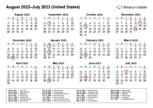 Calendar for 2022 in United States