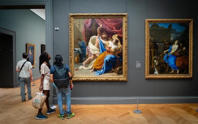 The painting at center, "The Rape of Tamar," was sold by a Jewish family under duress in Germany in the 1930s. Seen at The Metropolitan Museum of Art in New York, August 20, 2022. (Luke Tress/Times of Israel)