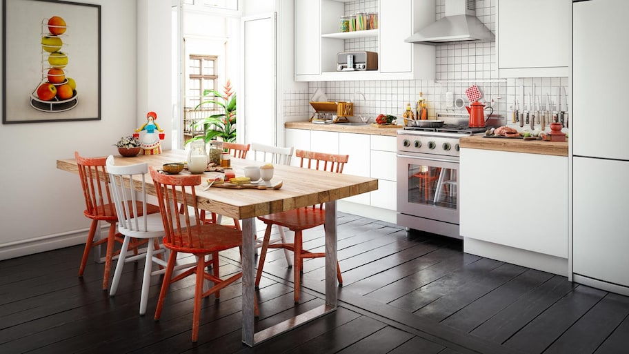 A modern scandinavian kitchen with white cabinets