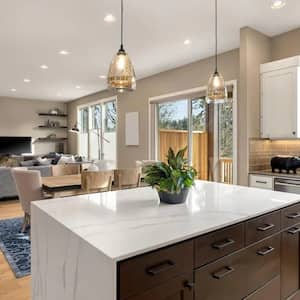 A kitchen and living room interior