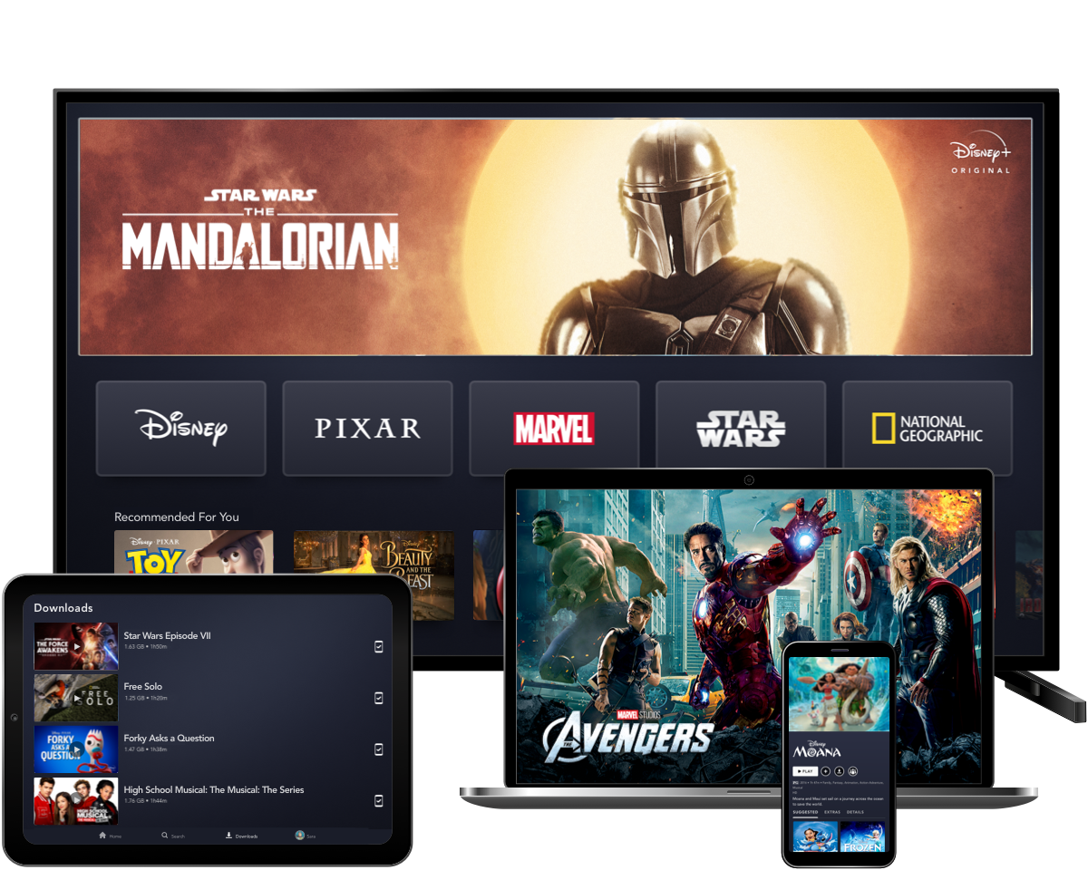 4 Devices showcasing the Disney+ product on TV, Mobile, Laptop, and Tablet
