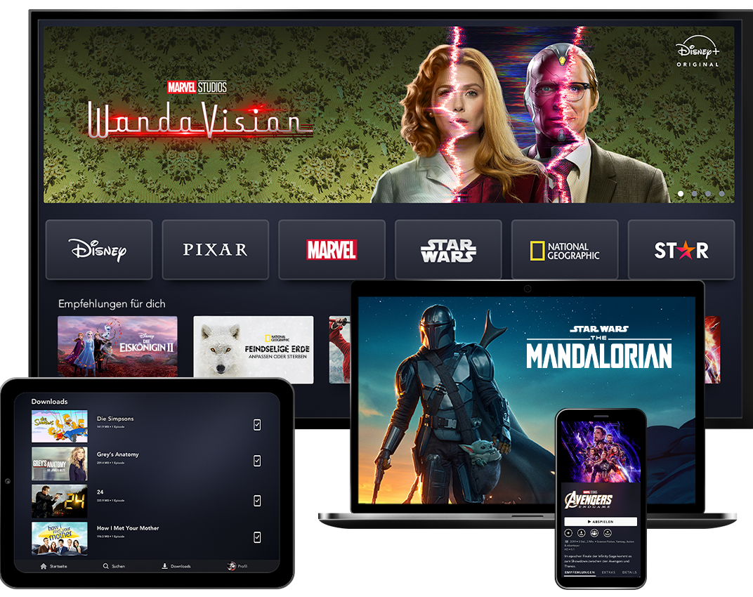 4 Devices showcasing the Disney+ product on TV, Mobile, Laptop, and Tablet