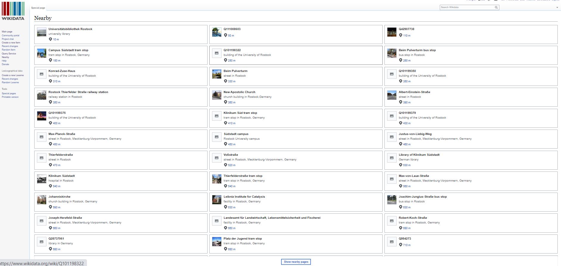 Wikidata-Query Nearby for Rostock University Library (Q1504057), neue Darstellung: mehrspaltig