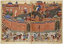 Colorful medieval depiction of a siege, showing the city of Baghdad surrounded by walls, and the Mongol army outside