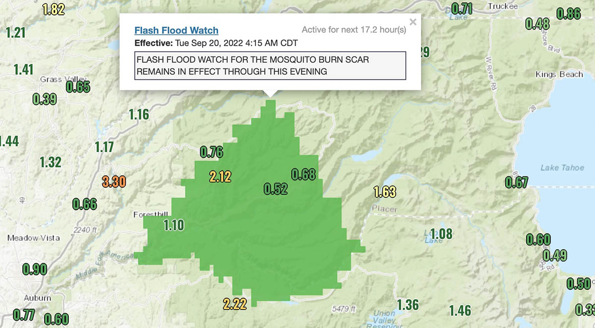 Precipitation accumulated, Mosquito Fire