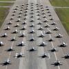 F-16 Fighting Falcons, F-22 Raptors and F-35 Lightning IIs take part in a large formation exercise at Eielson Air Force Base, Alaska, Aug. 12, 2022. 