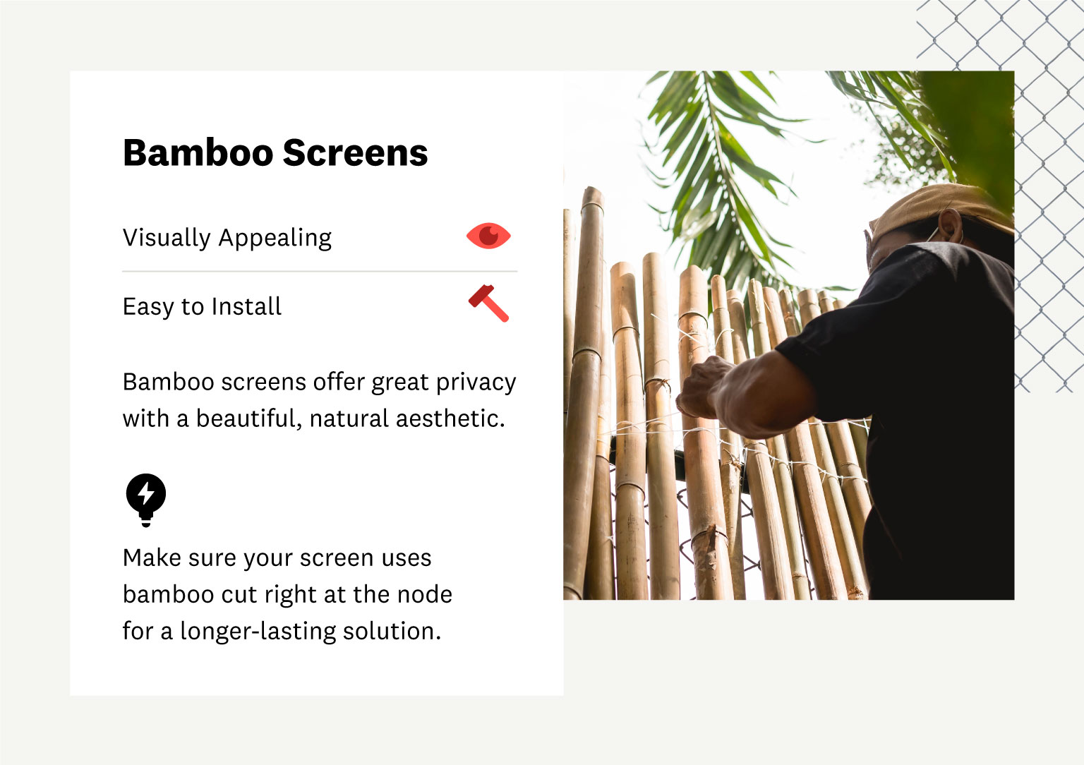 man installing bamboo screens on fence 