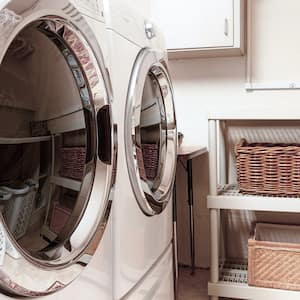 home washer and dryer with laundry baskets
