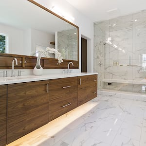 Modern midcentury bathroom with marble tile